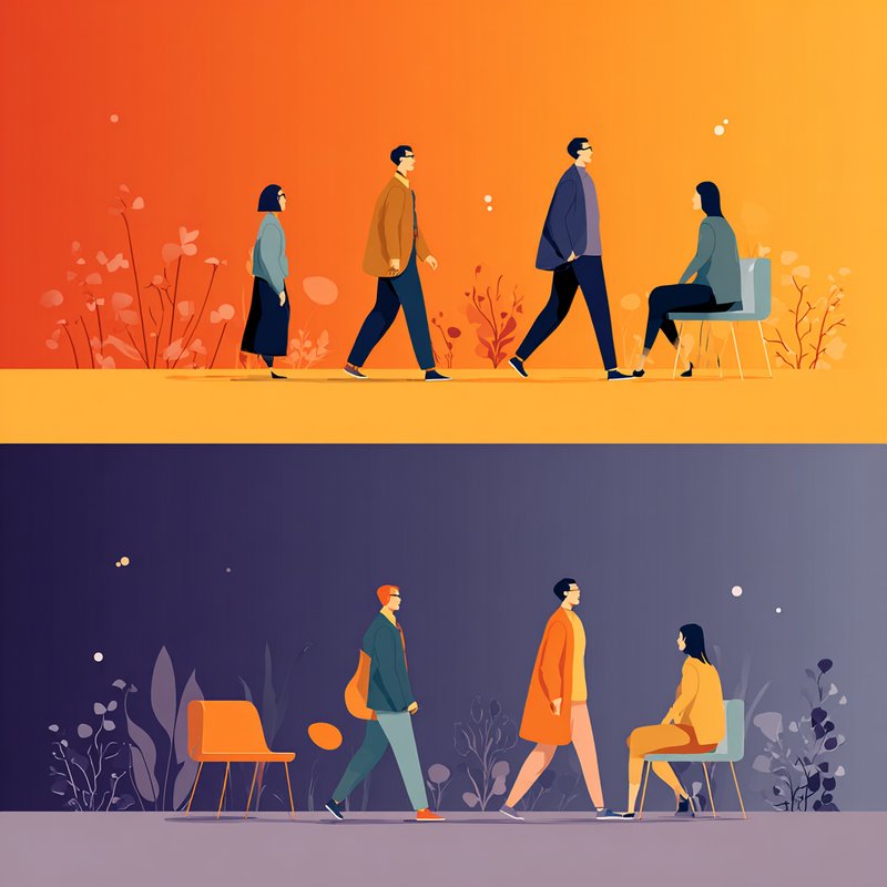Illustratie van mensen die elkaar passeren in warm en koel licht