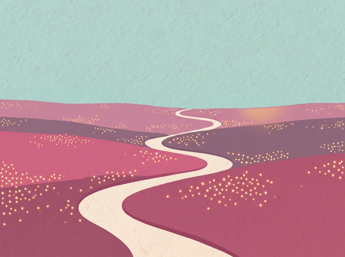 Illustratie van een glooiend landschap met een slingerend pad en vele warme lichtjes verspreid over de heuvels
