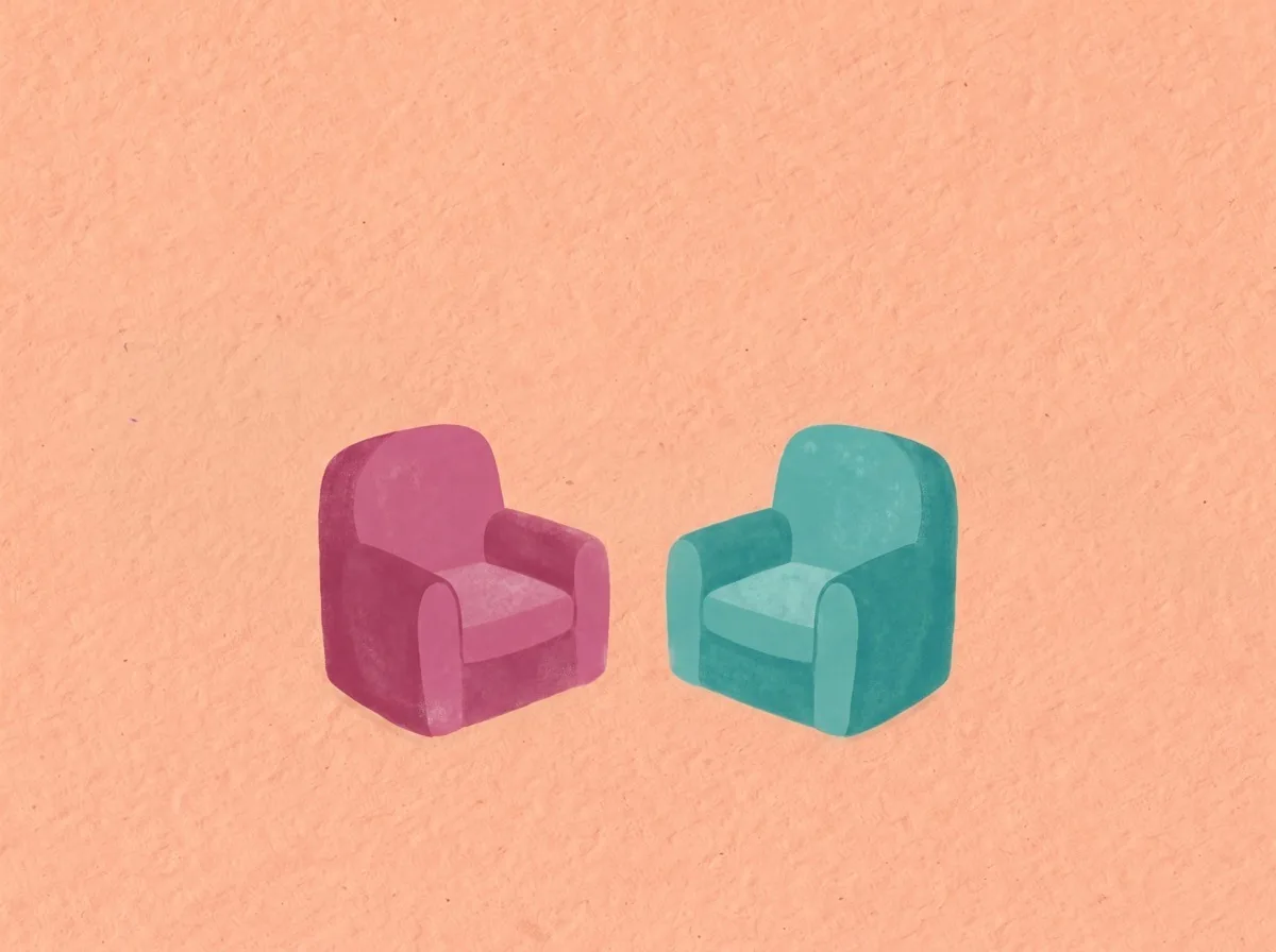 Illustratie van twee stoelen tegenover elkaar in een rustig, gelijkwaardig gesprek